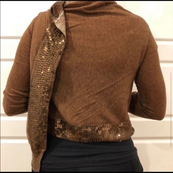 YA-YA CASHMERE SEQUIN BROWN WRAP CARDIGAN SWEATER S - Picture 3 of 6